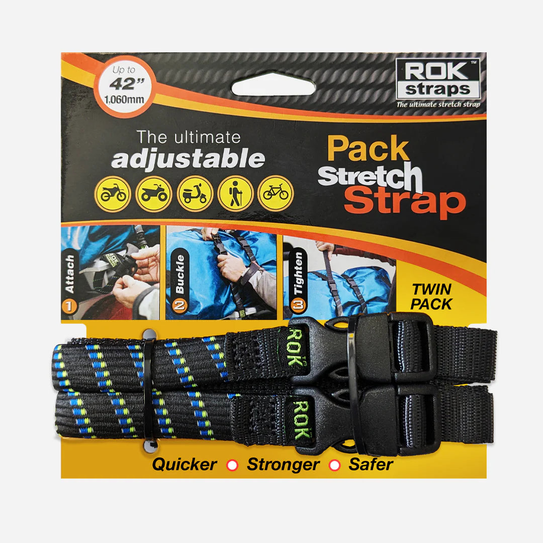 ROKStraps Pack Stretch Luggage Straps - 2 Pack (359) | Black/Blue/Green Reflective - Pyramid Motorcycle Accessories