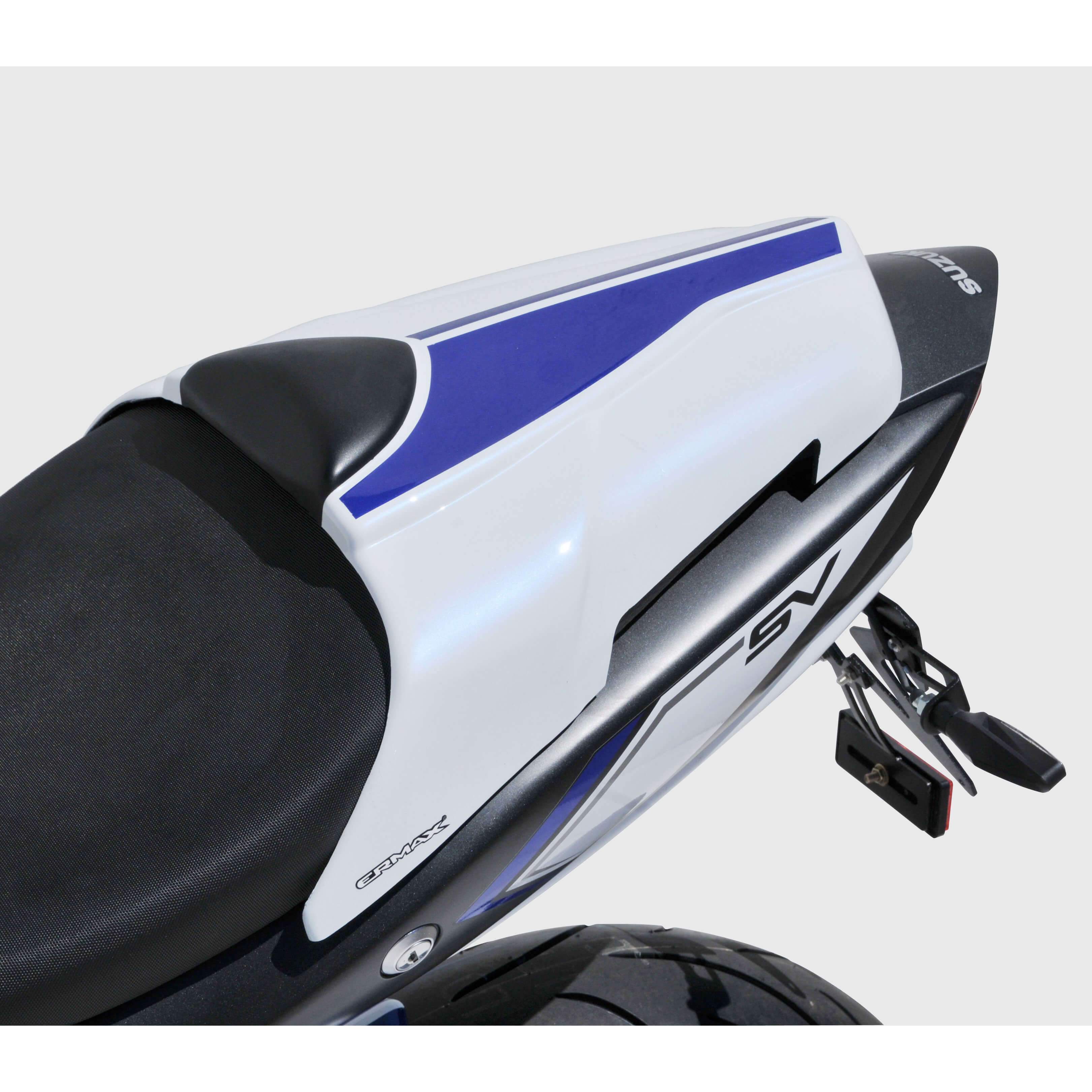 Ermax Seat Cowl | Metallic White/Metallic Blue (Glacier White/Vigour Blue) | Suzuki SV650 2016>2018 - Shop name
