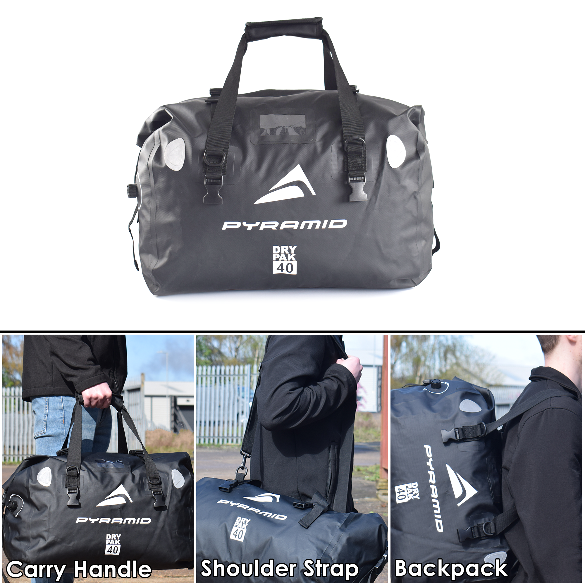 Pyramid Waterproof 40L Motorcycle Duffle Bag | Black-LUG001B-Bags-Pyramid Motorcycle Accessories
