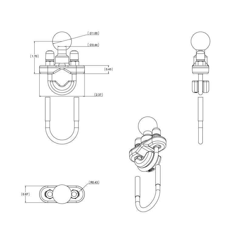 RAM® Handlebar U-Bolt Base for Rails 0.5" to 1.25" in Diameter - B Size - Shop name