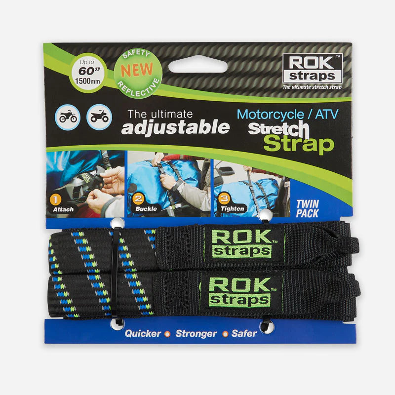 ROKStraps Motorcycle Stretch Luggage Straps - 2 Pack (056) | Black/Blue/Green Reflective - Pyramid Motorcycle Accessories