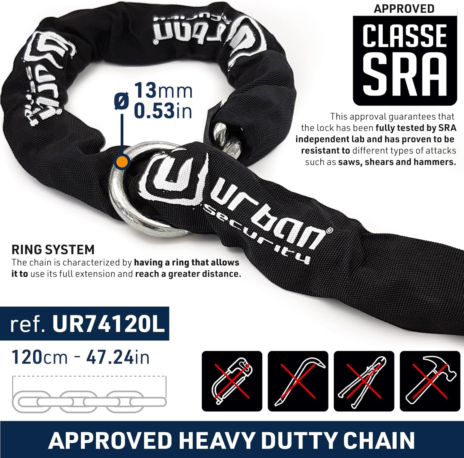 Urban Security UR74120L 120cm Motorcycle Loop Chain + Lock - Security Level 19 - Shop name
