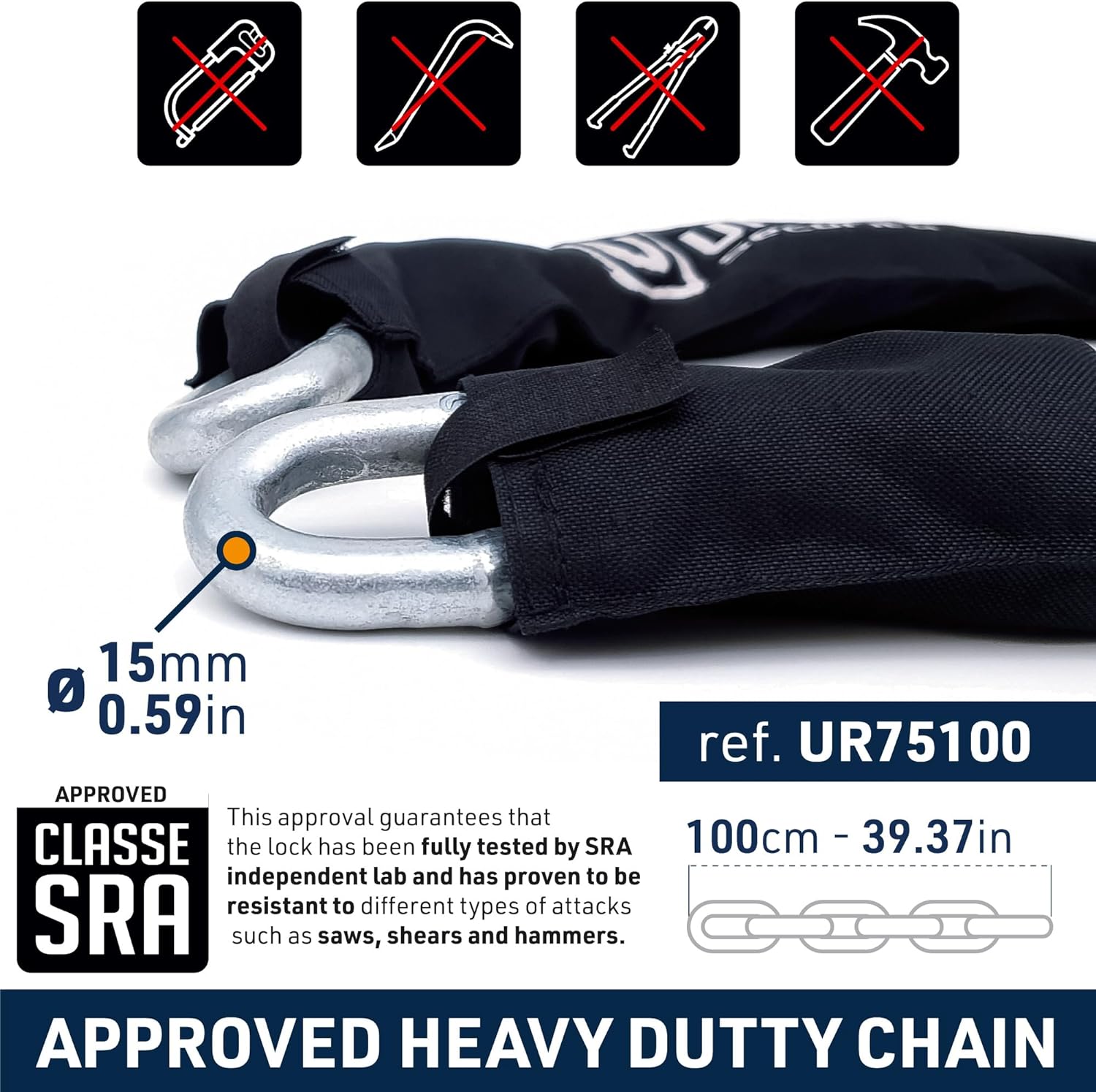 Urban Security UR75100 100cm Motorcycle Chain + Lock - Security Level 20 - Shop name