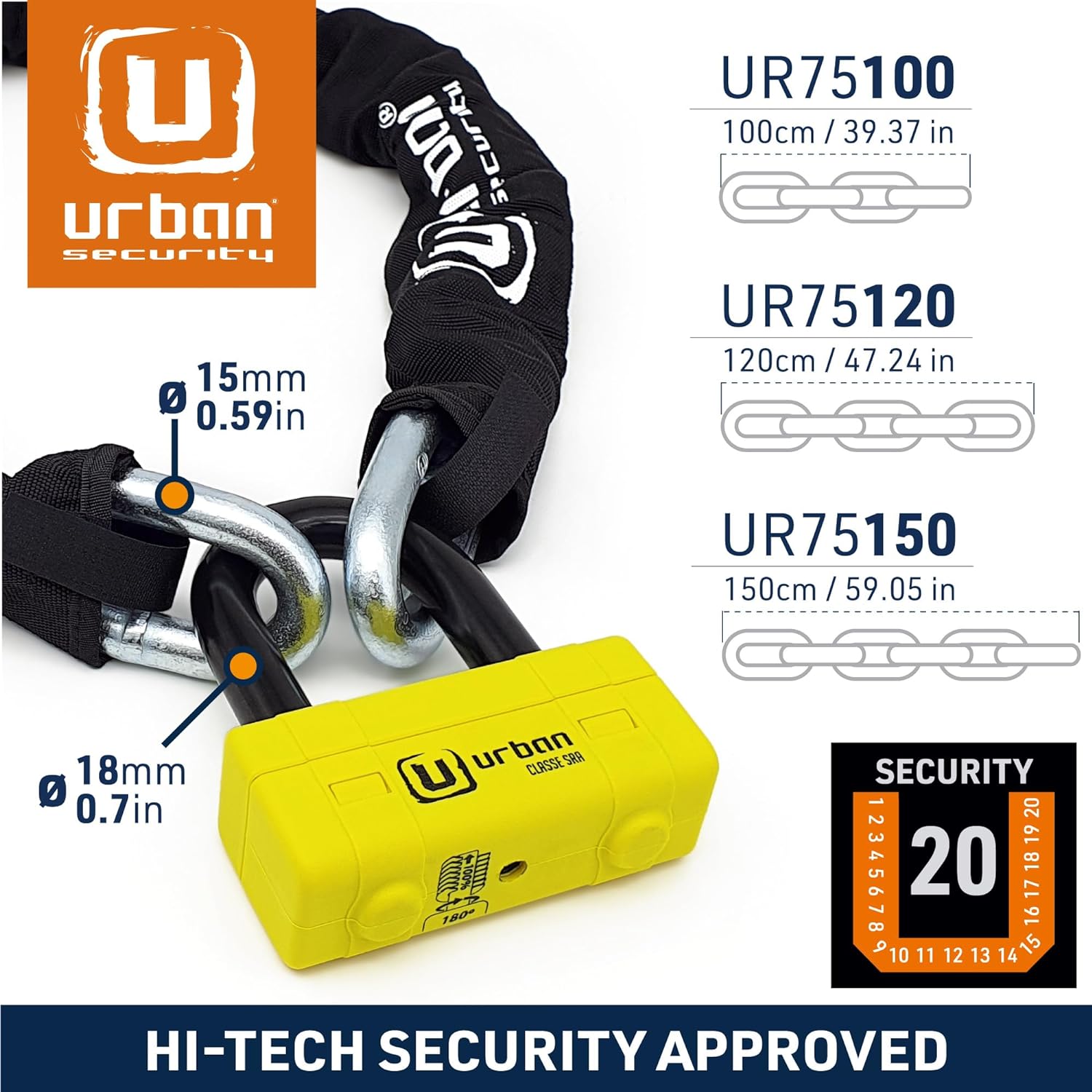 Urban Security UR75100 100cm Motorcycle Chain + Lock - Security Level 20 - Shop name