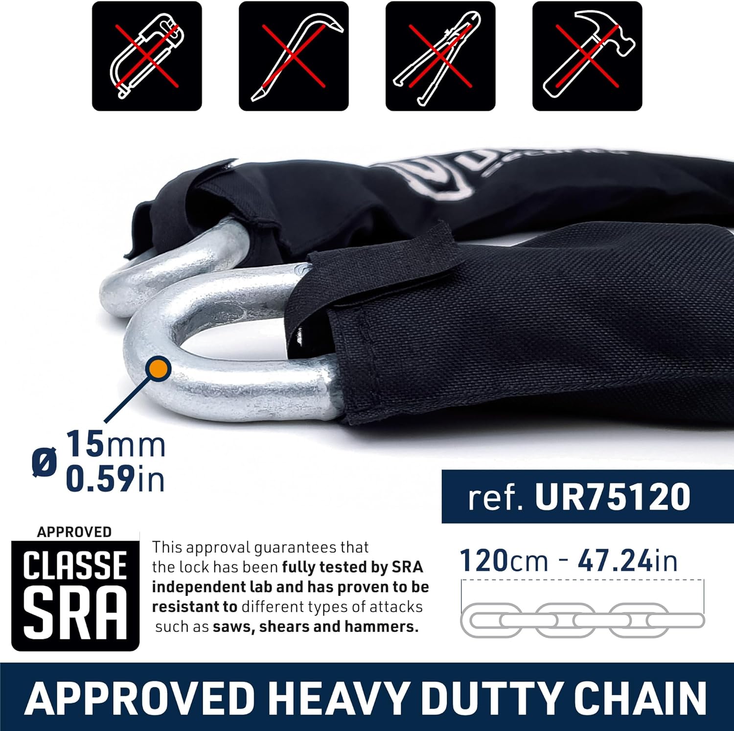 Urban Security UR75120 120cm Motorcycle Chain + Lock - Security Level 20 - Shop name