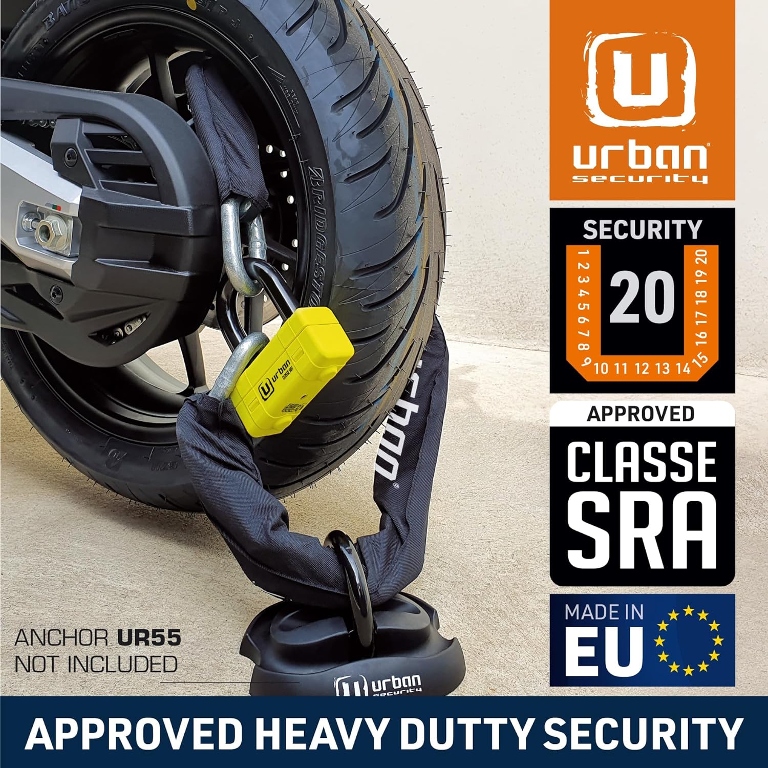 Urban Security UR75150 150cm Motorcycle Chain + Lock - Security Level 20 - Shop name
