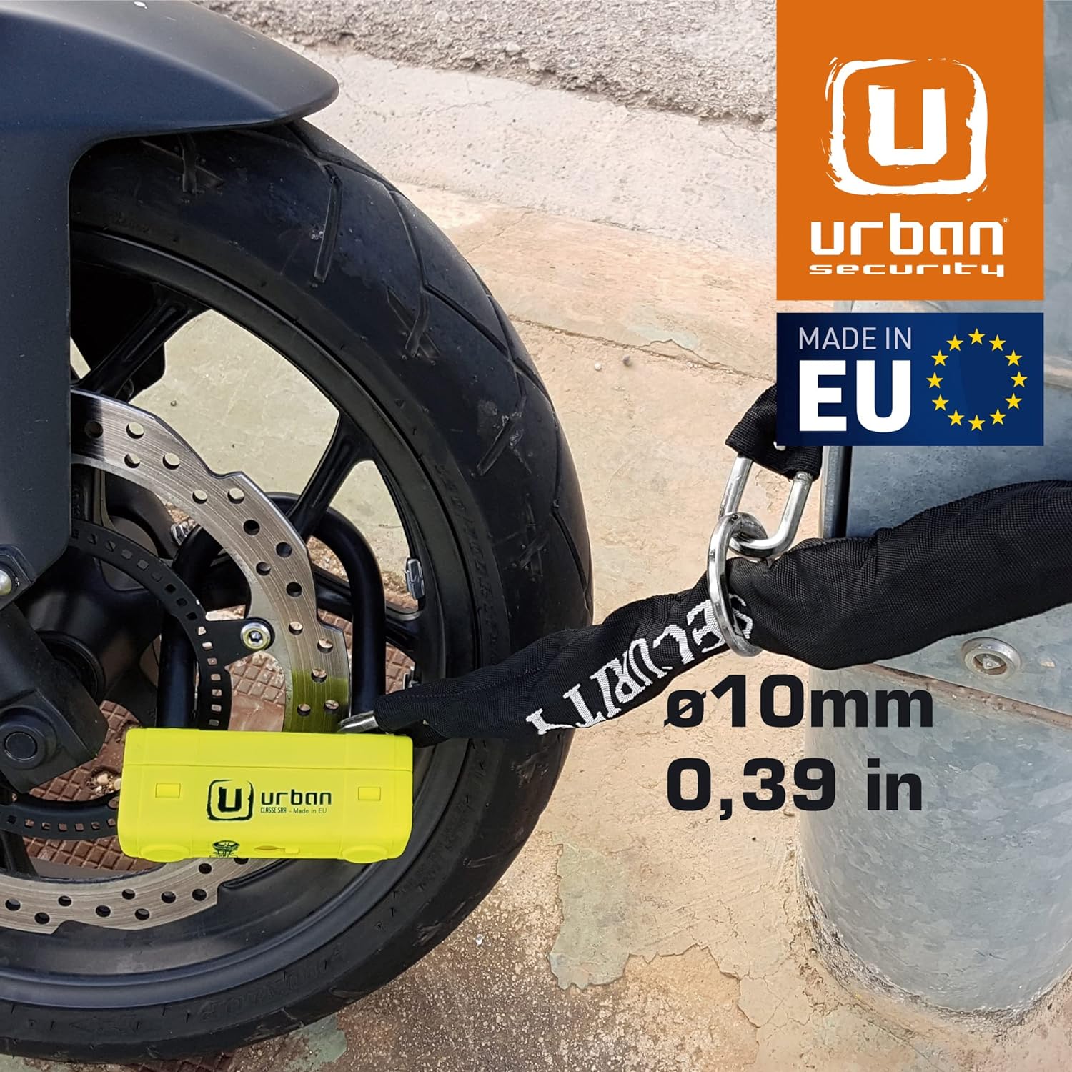 Urban Security UR85120Y+10.120L 120cm Motorcycle Loop Chain + Lock - Security Level 20 - Shop name