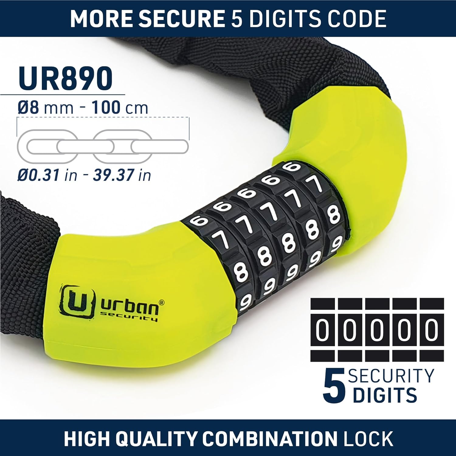Urban Security UR890 100cm Motorcycle Chain + Combination Lock - Security Level 8 - Shop name