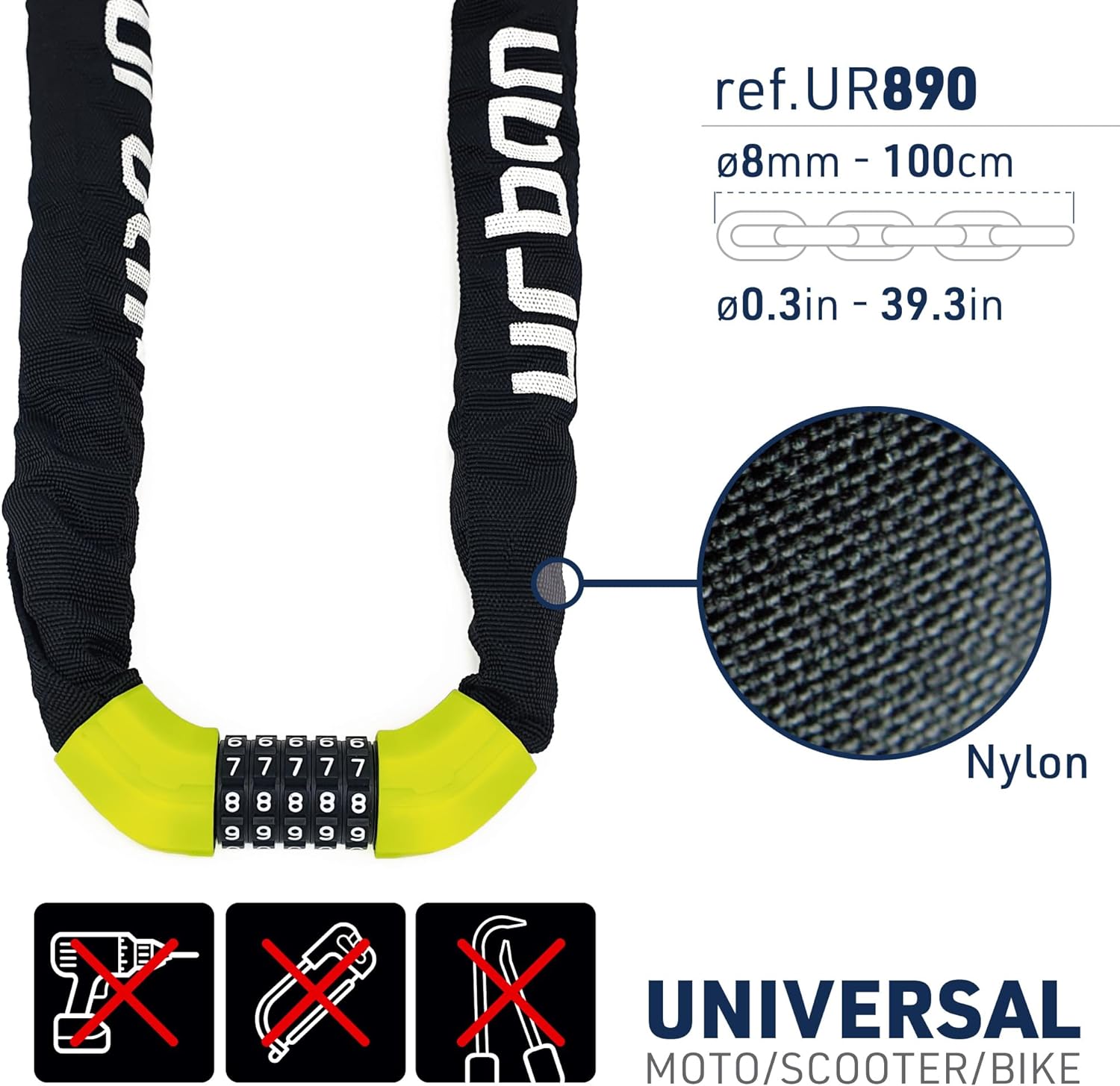 Urban Security UR890 100cm Motorcycle Chain + Combination Lock - Security Level 8 - Shop name