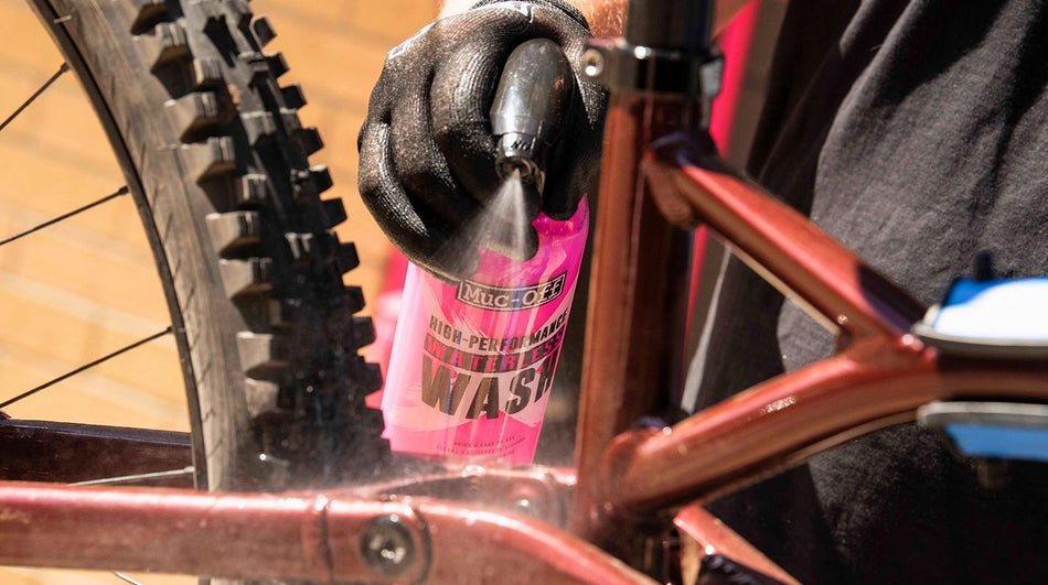 Muc-Off High Performance Waterless Wash 750ml applied to a bicycle