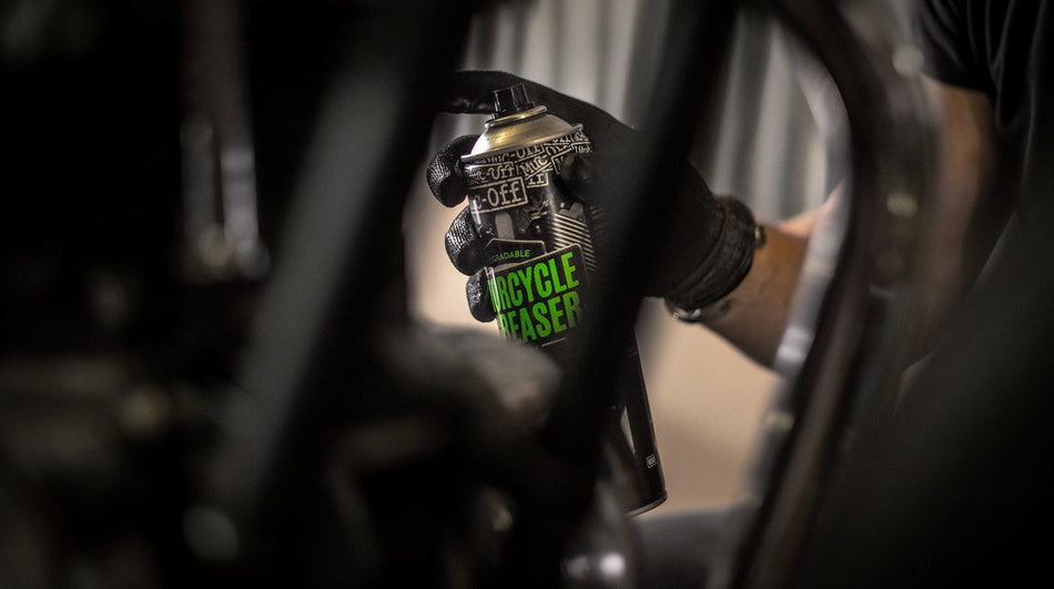 Muc-Off Motorcycle Bio Degreaser being sprayed onto motorcycle components