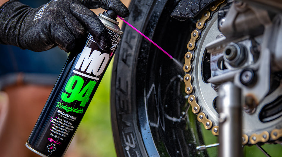 Muc-Off MO-94 applied around motorcycle drivetrain components