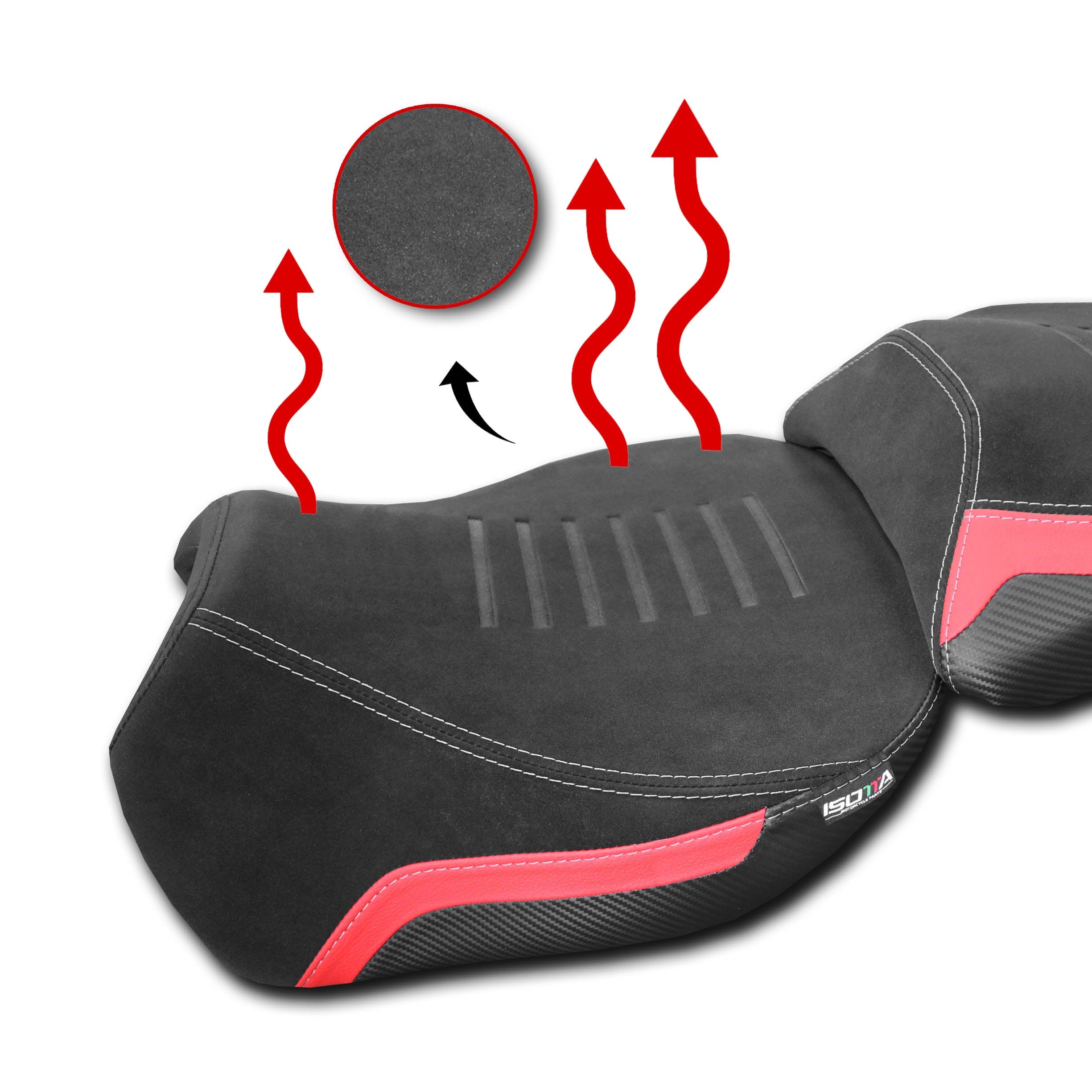 Isotta Heated Rider Comfort Seat | Black/Red | Ducati Multistrada V4/V4 S/Rally/Pikes Peak 2020-2026 - Pyramid Motorcycle Accessories