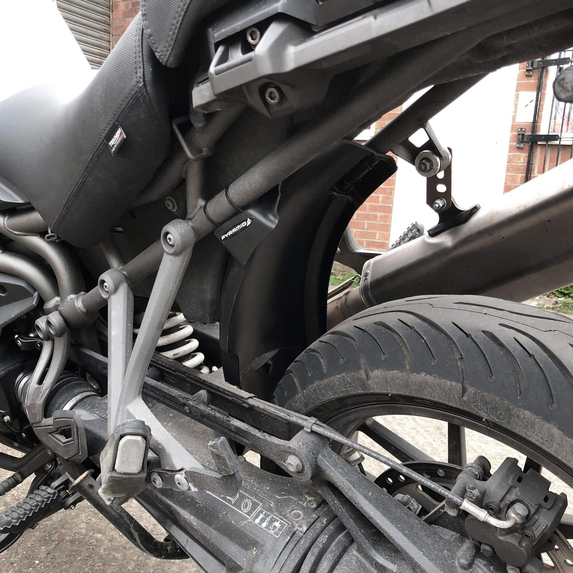 Pyramid TREK Shock Shield | Matte Black | Triumph Explorer 1200 XC/XCX/XRA/Low 2016>Current - Pyramid Motorcycle Accessories