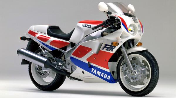 Yamaha FZR with red, white and blue graphics