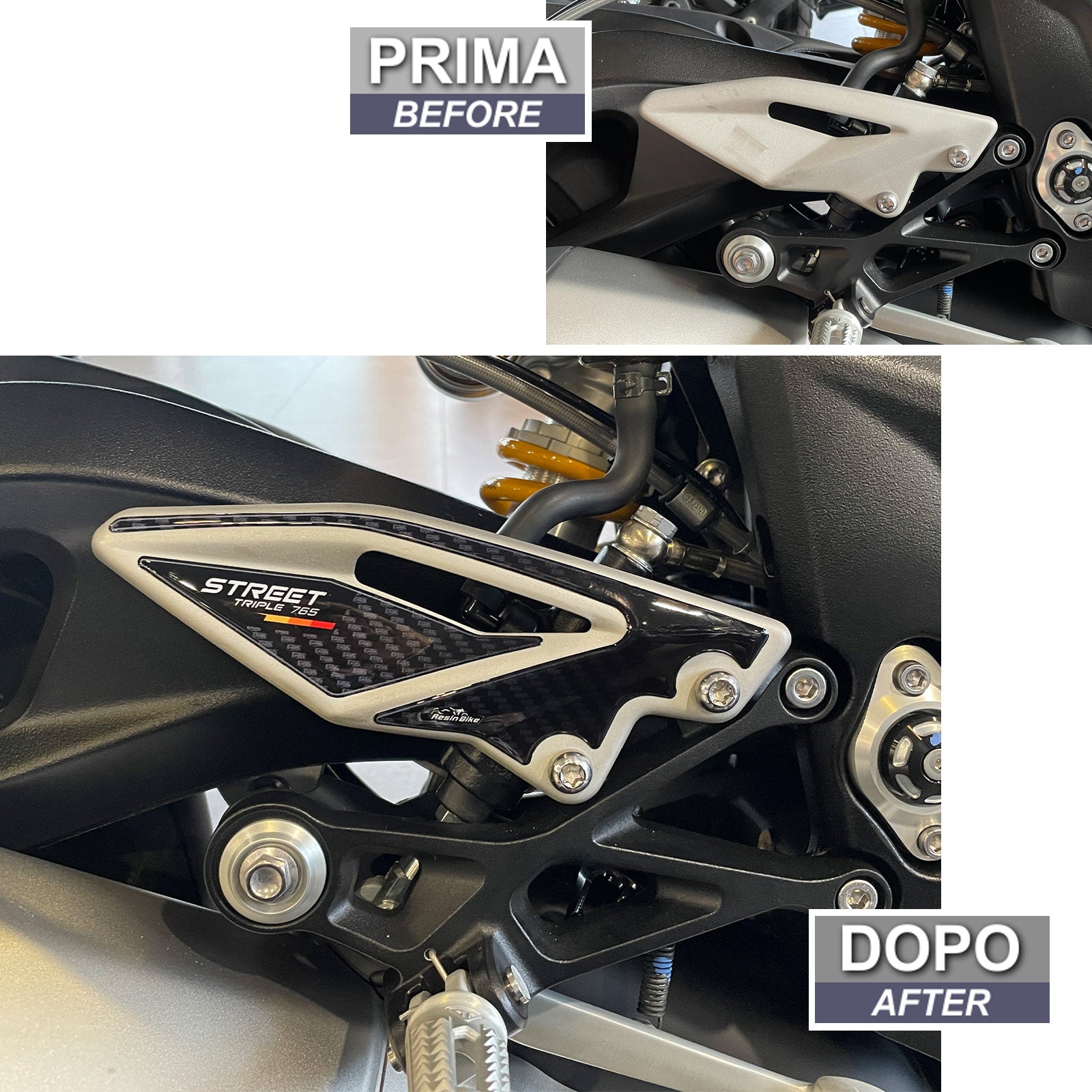 Resin Bike 3D Motorcycle Stickers - Heel Pads | Triumph Street Triple 765 RS 2023>2025 -   Pyramid Motorcycle Accessories