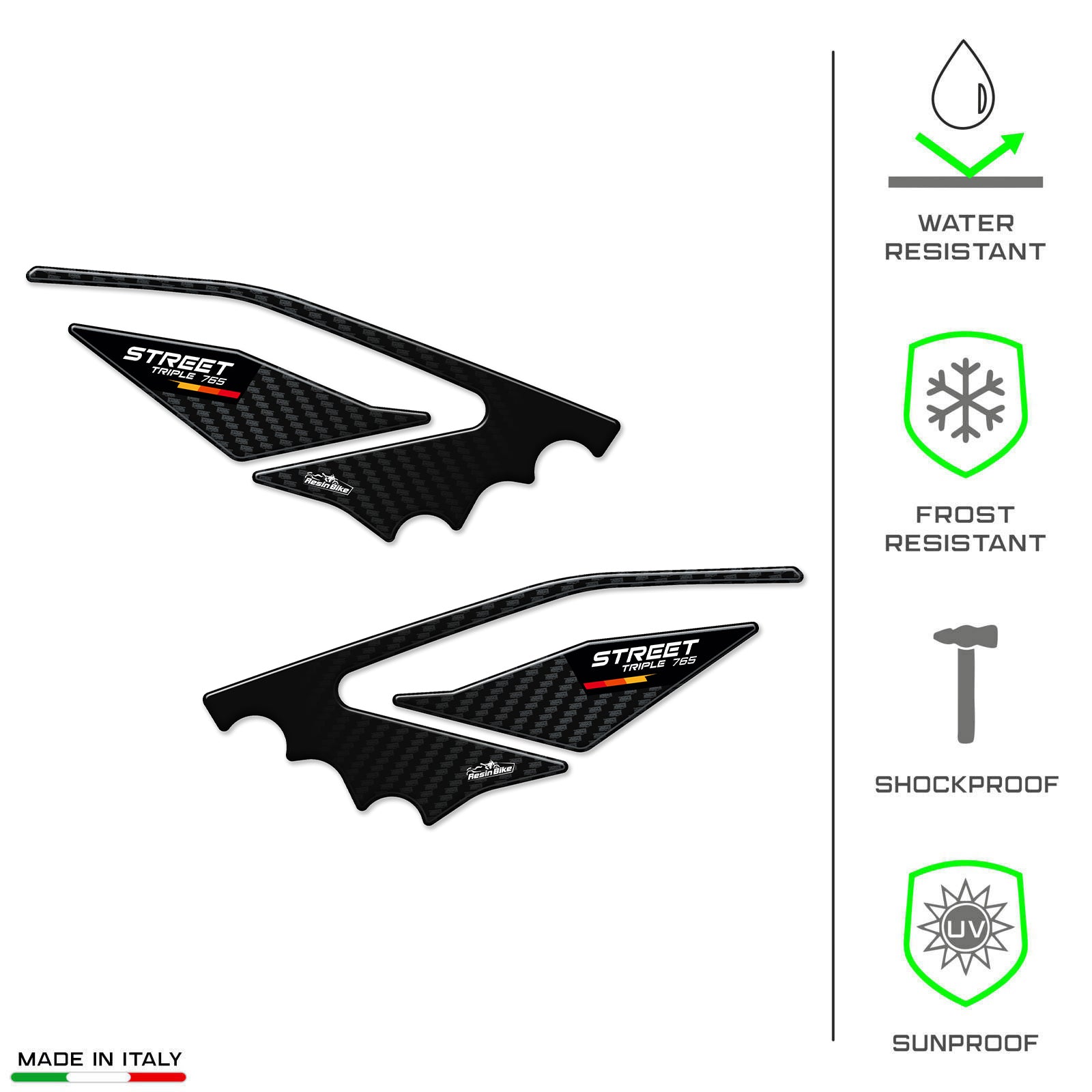 Resin Bike 3D Motorcycle Stickers - Heel Pads | Triumph Street Triple 765 RS 2023>2025 -   Pyramid Motorcycle Accessories