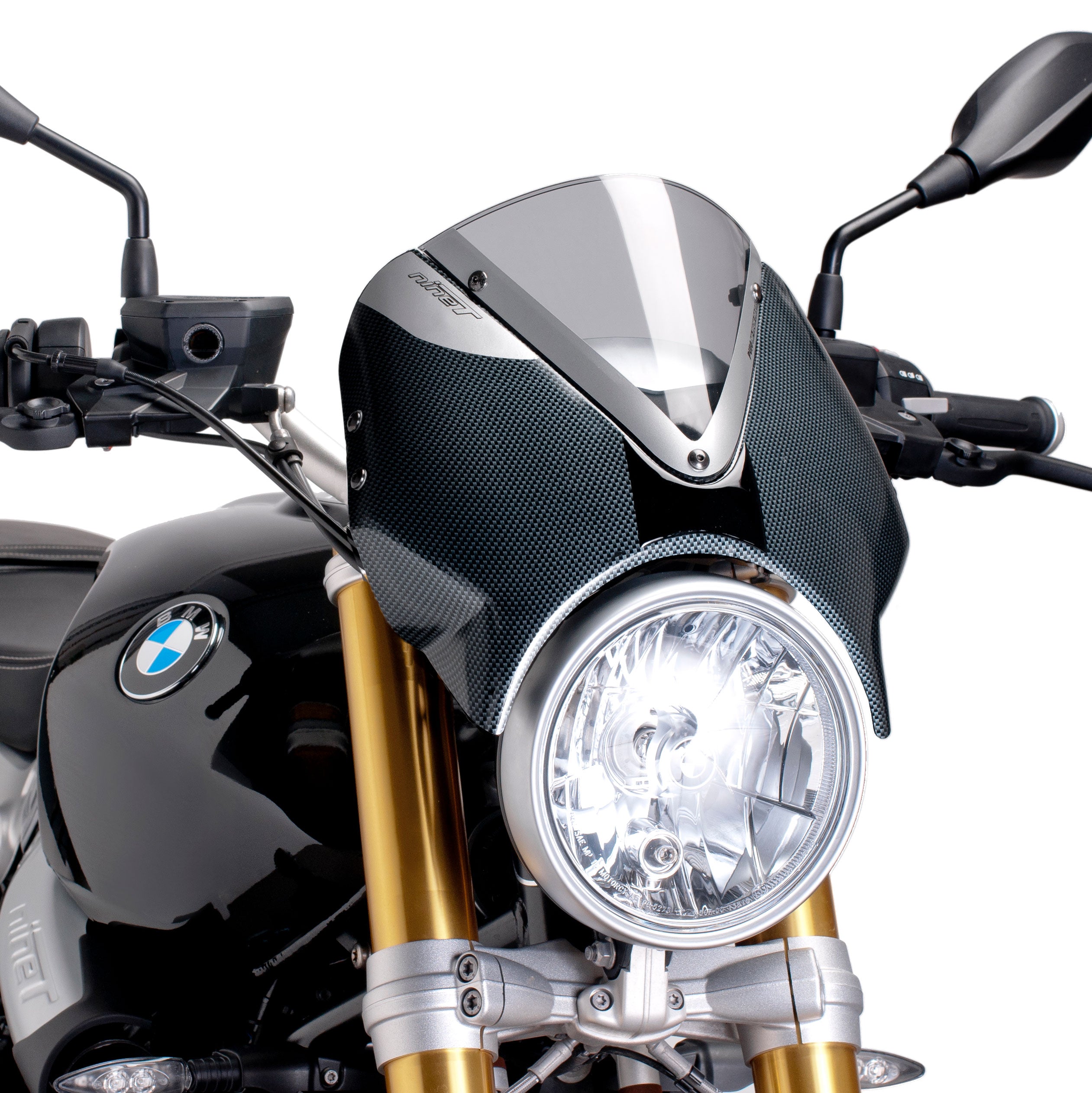 Puig Retrovision Nose Fairing | Carbon Look with Light Smoke Screen | BMW R nineT 2014>2024 -   Pyramid Motorcycle Accessories