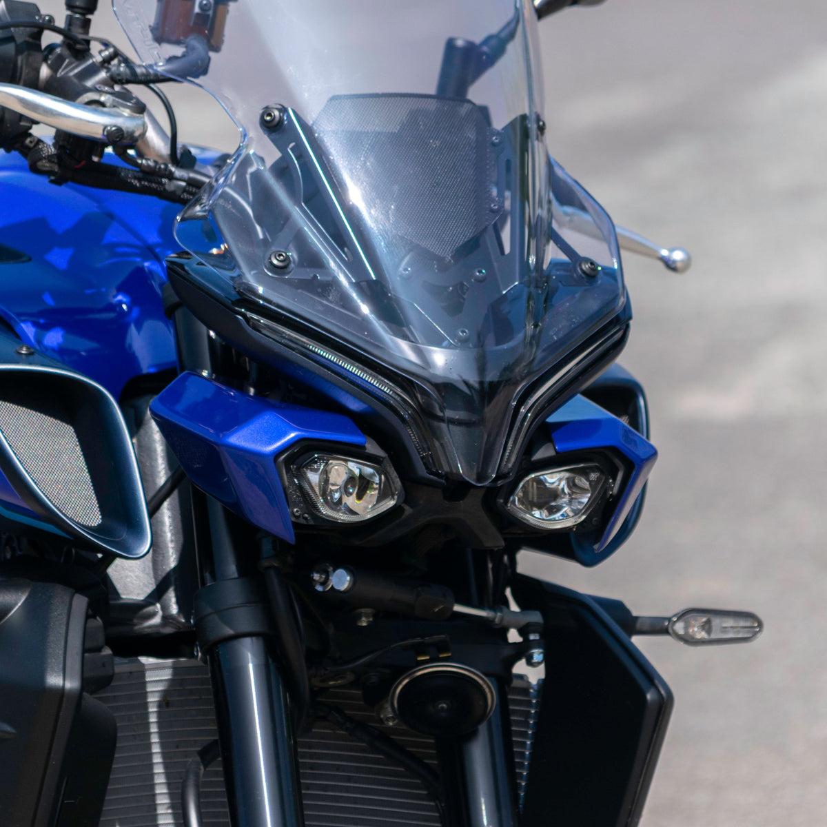 Yamaha MT-10 Gen 2 with Gen 1 style headlight shrouds fitted in Icon Blue
