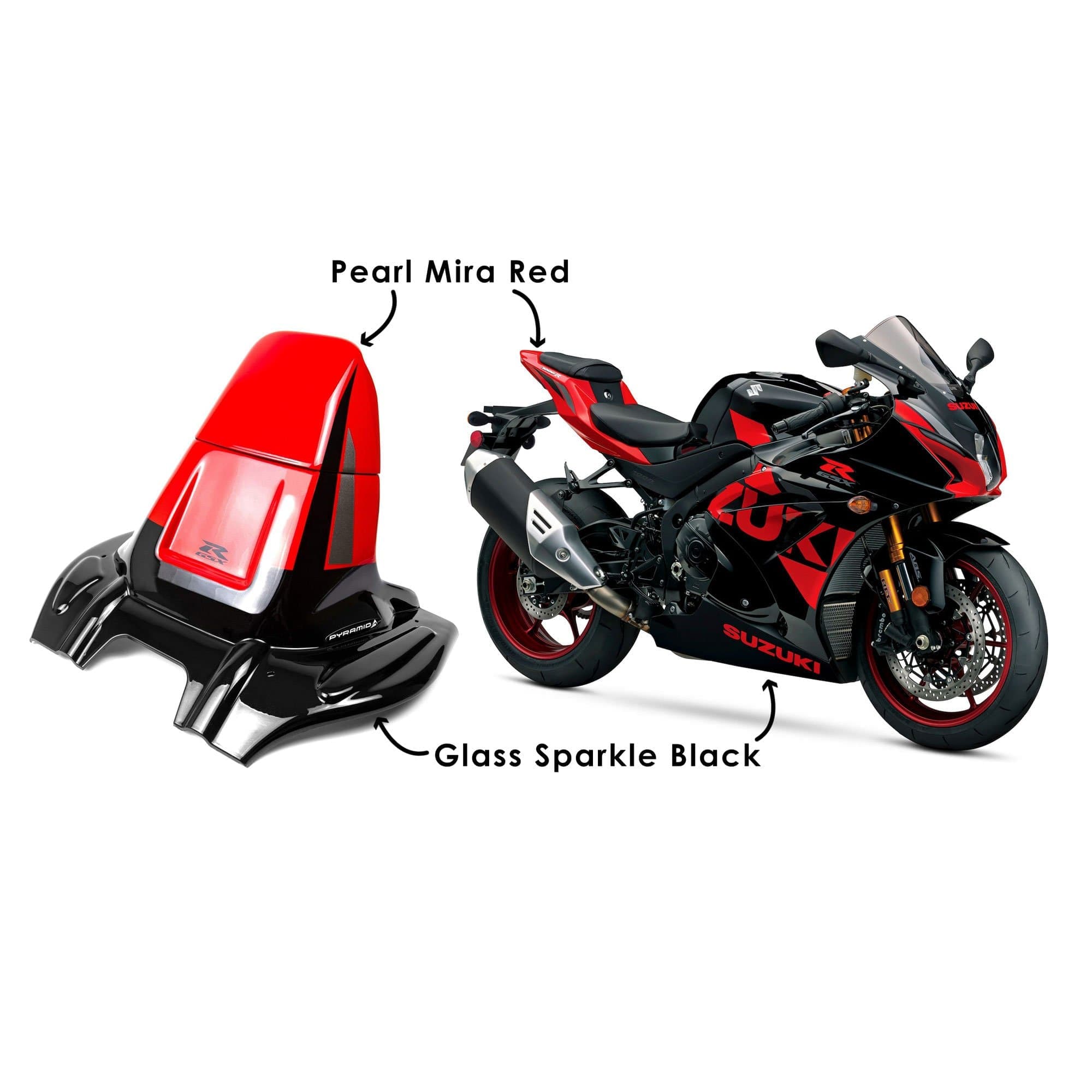 Pyramid Hugger | Pearl Mira Red & Glass Sparkle Black | Suzuki GSX-R1000 2017>Current-070406R-Huggers-Pyramid Motorcycle Accessories