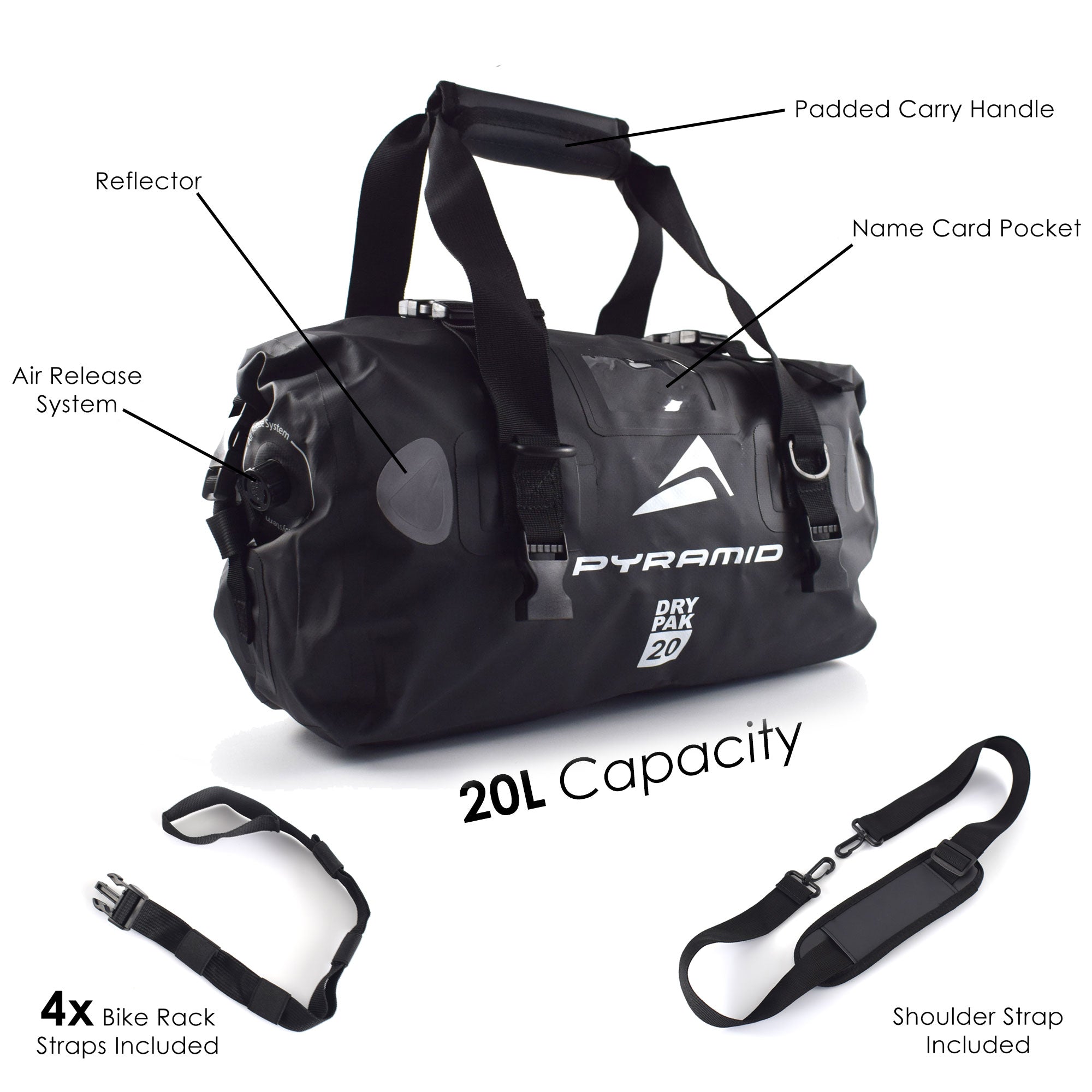 Pyramid Waterproof 20L Motorcycle Duffle Bag | Black-Bags-Pyramid Motorcycle Accessories