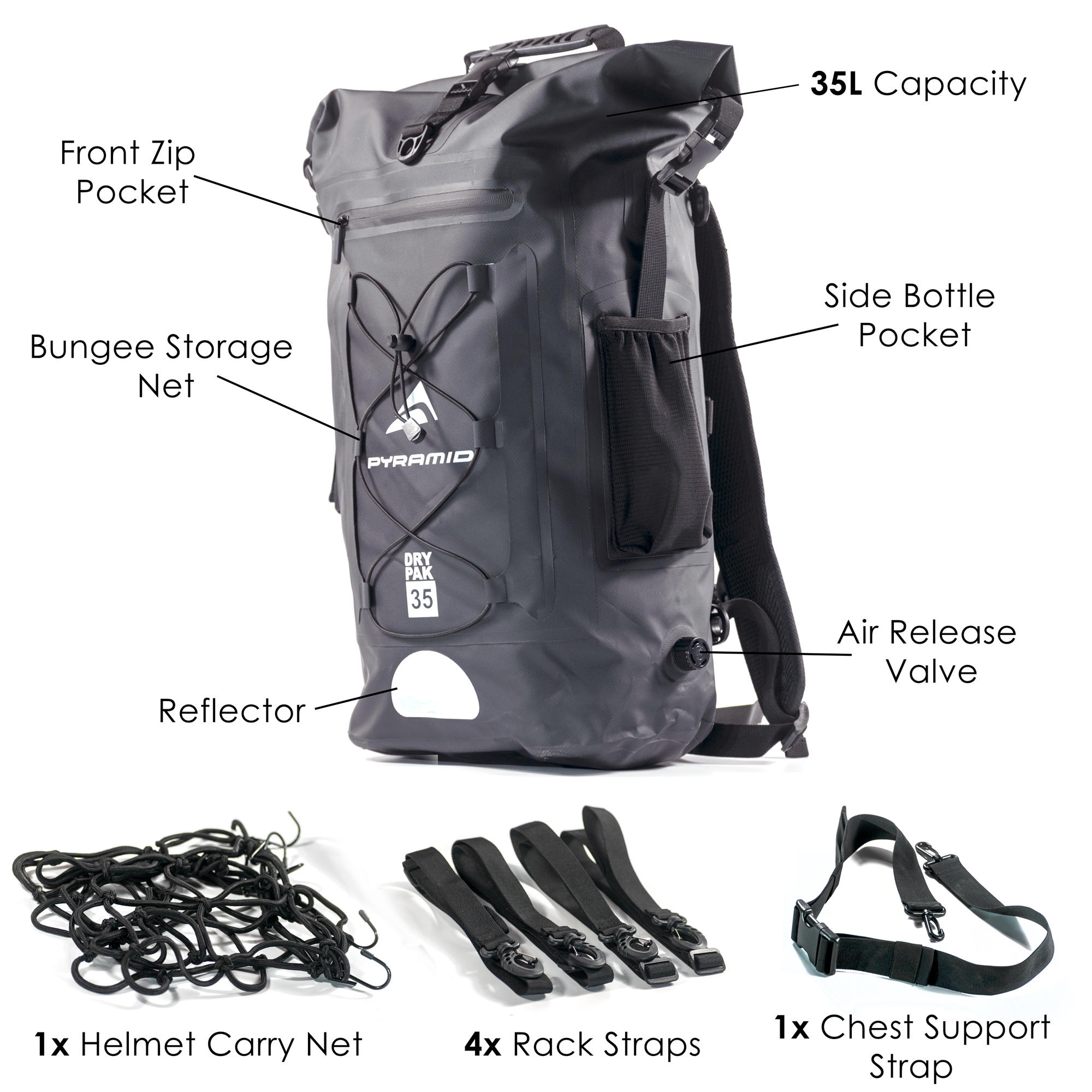 Pyramid Waterproof 35L Motorcycle Backpack | Black-Bags-Pyramid Motorcycle Accessories