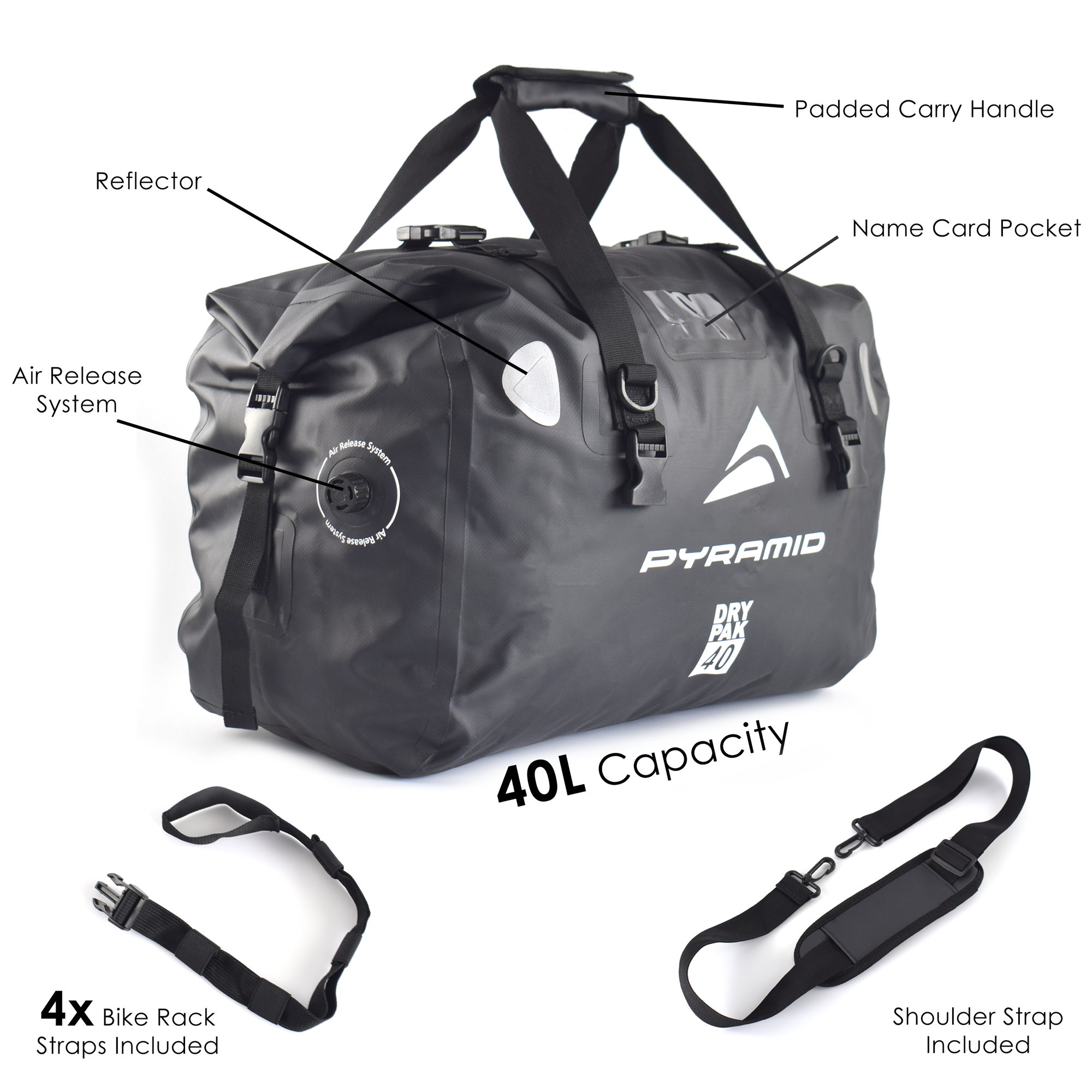Pyramid Waterproof 40L Motorcycle Duffle Bag Black