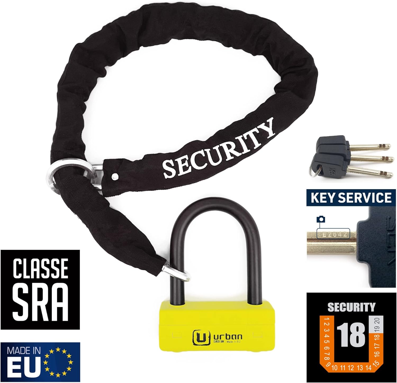Urban Security UR85120Y+10.120L 120cm Motorcycle Loop Chain + Lock - Security Level 20-UR85120Y+10.120L-Security-Pyramid Motorcycle Accessories