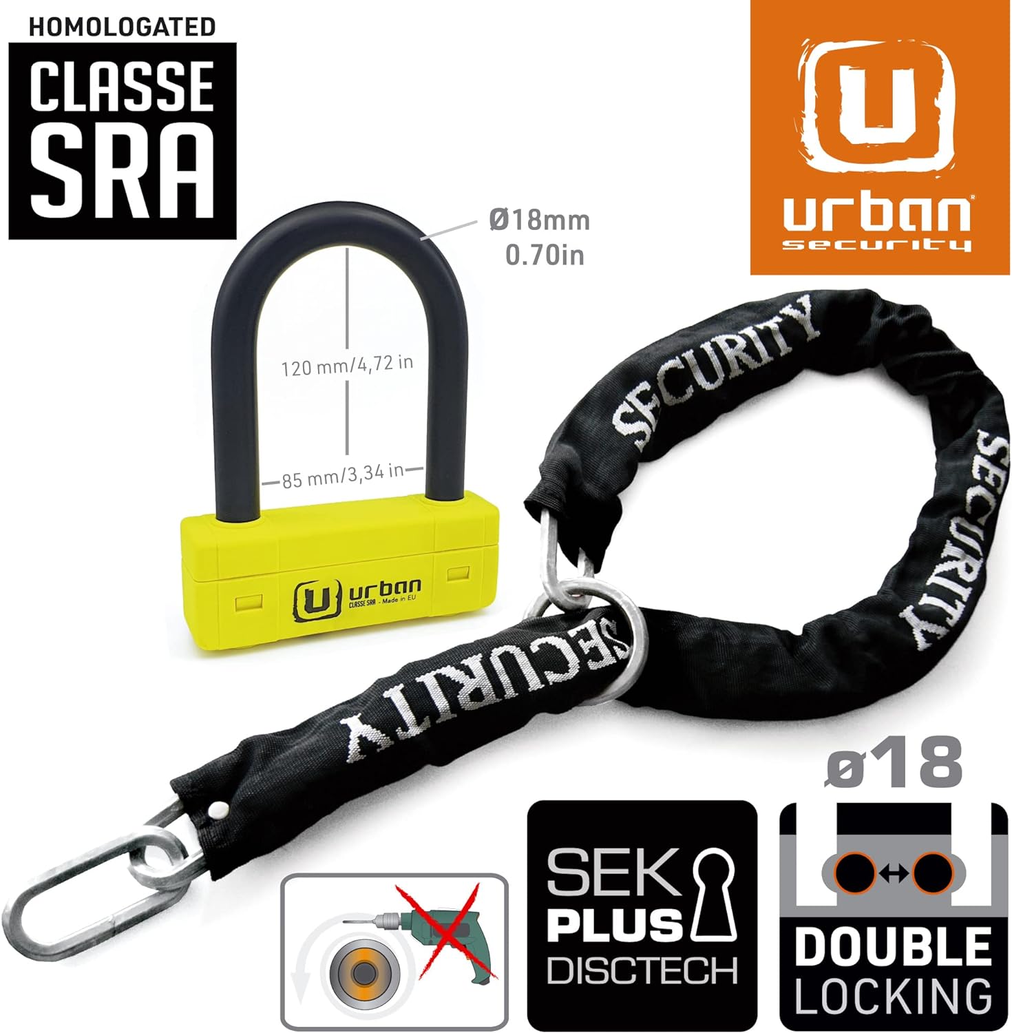 Urban Security UR85120Y+10.120L 120cm Motorcycle Loop Chain + Lock - Security Level 20-UR85120Y+10.120L-Security-Pyramid Motorcycle Accessories
