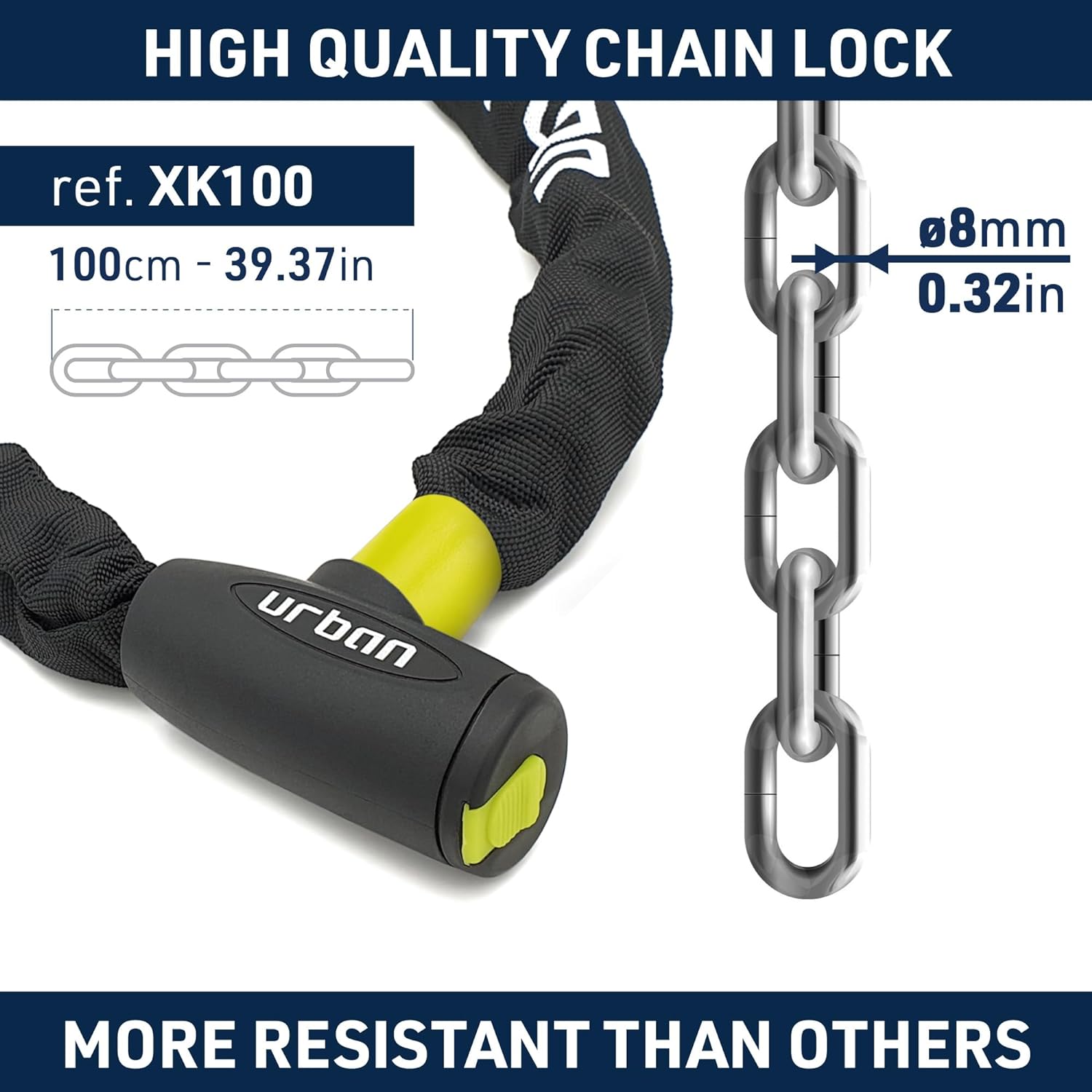 Urban Security XK100 100cm Motorcycle Chain + Integrated Lock - Security Level 9-URXK100-Security-Pyramid Motorcycle Accessories