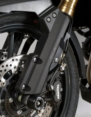 R&G Fork Protectors | Black | Triumph Tiger Explorer 1200 ('12- onwards) models. They help to eliminate damage to the front forks, fork bottoms and brake calipers during a crash or drop