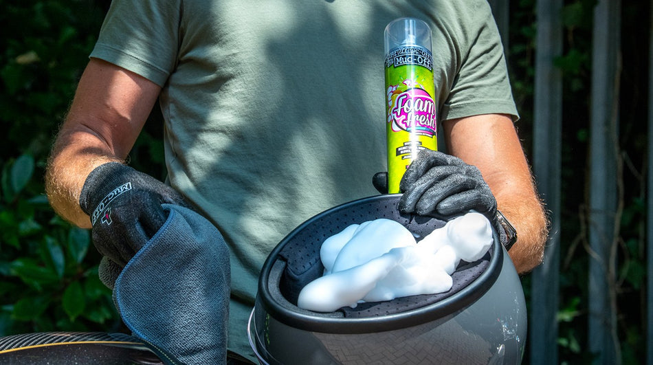Muc-Off Foam Fresh 400ml used to clean a helmet lining