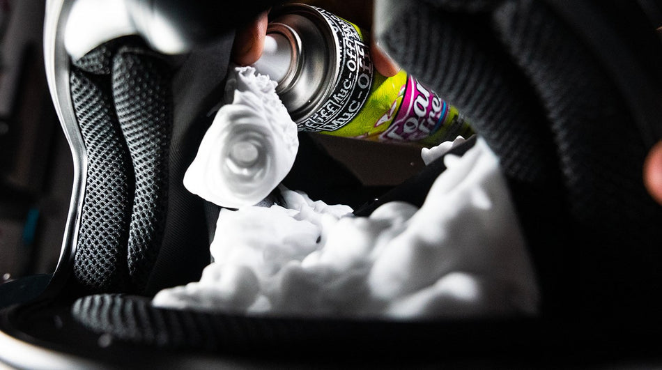 Muc-Off Foam Fresh applied inside a motorcycle helmet