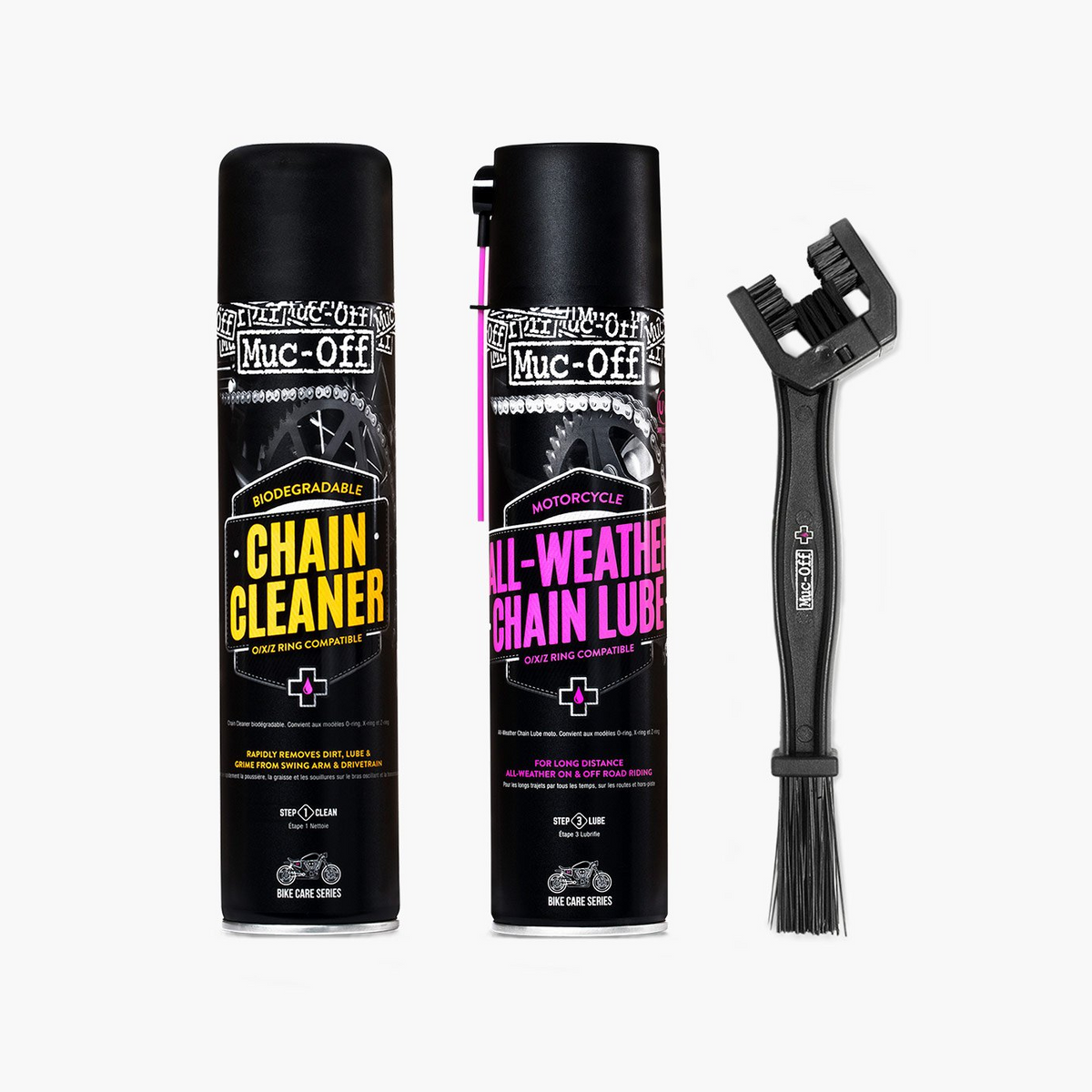 Muc-Off Motorcycle Chain Care Kit 21069 unpacked with chain cleaner, all-weather chain lube and chain brush