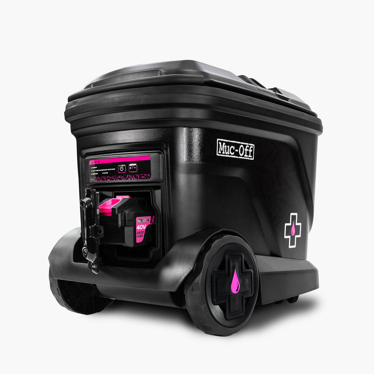 Muc-Off Mobile Pressure Washer 21116 rear three-quarter view with battery compartment