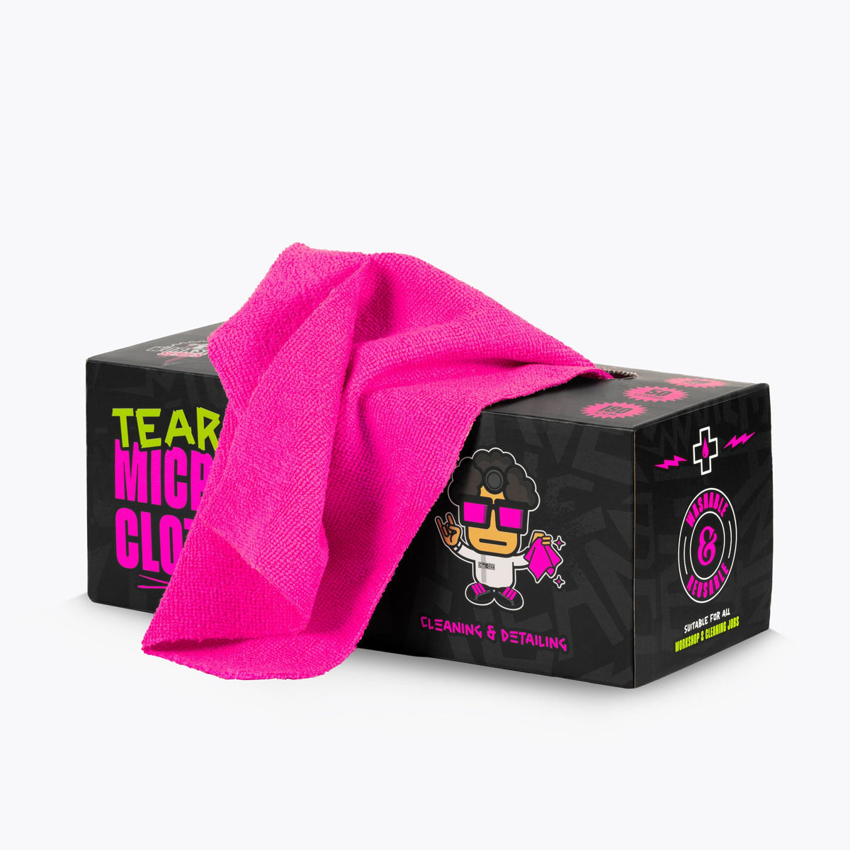 Muc-Off Tear-Off Microfibre Cloths 21530 dispensing box with pink cloth pulled out