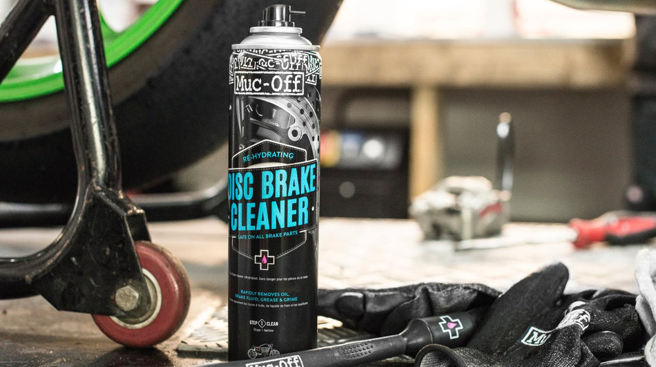 Muc-Off Motorcycle Disc Brake Cleaner 400ml in a workshop