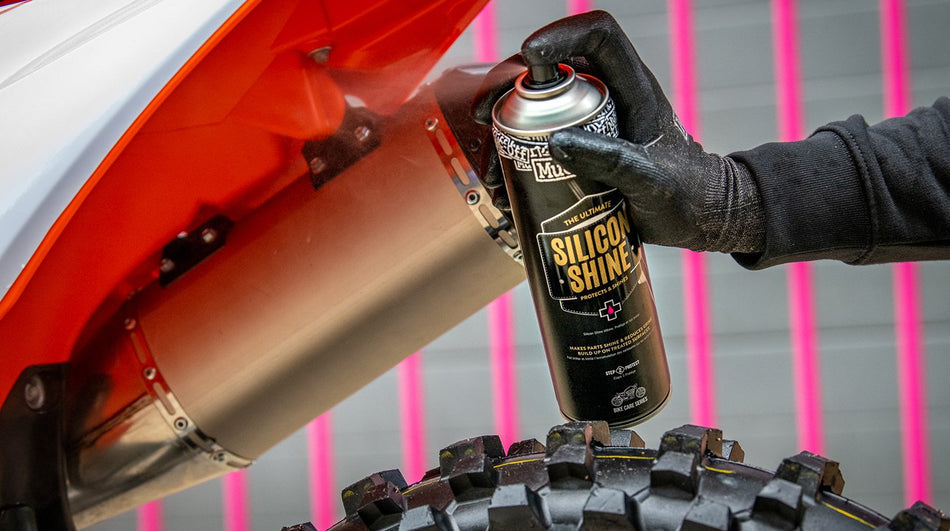 Muc-Off Silicon Shine applied to motorcycle plastics