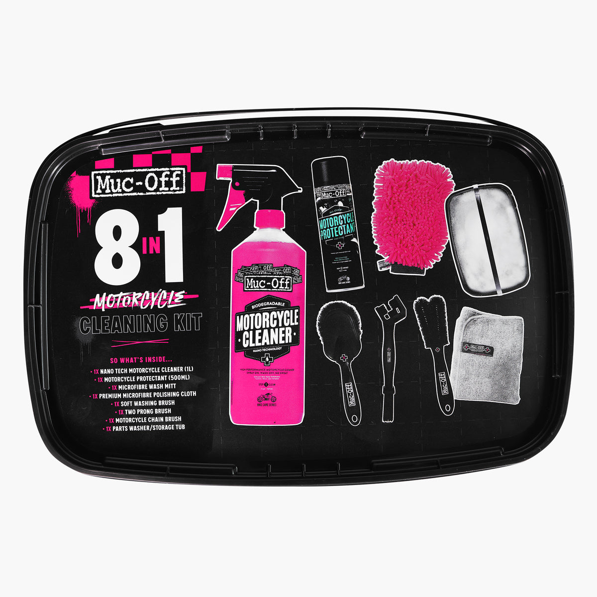 Muc-Off Motorcycle 8 in 1 Kit labelled storage-tub lid