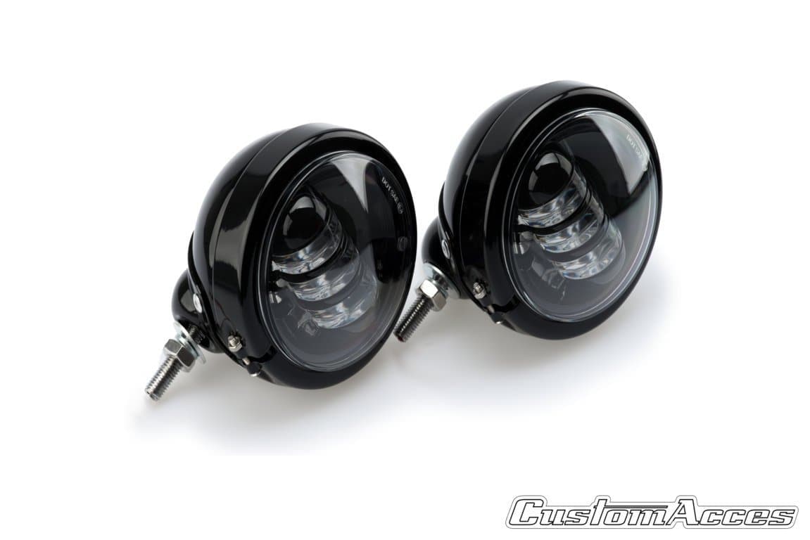 Customacces Auxiliary LED Lights - 11.4cm Diameter | Black | Harley Davidson Sportster 1200 Custom (XL1200C) 2004>2019-XFA0014N-Lights-Pyramid Plastics
