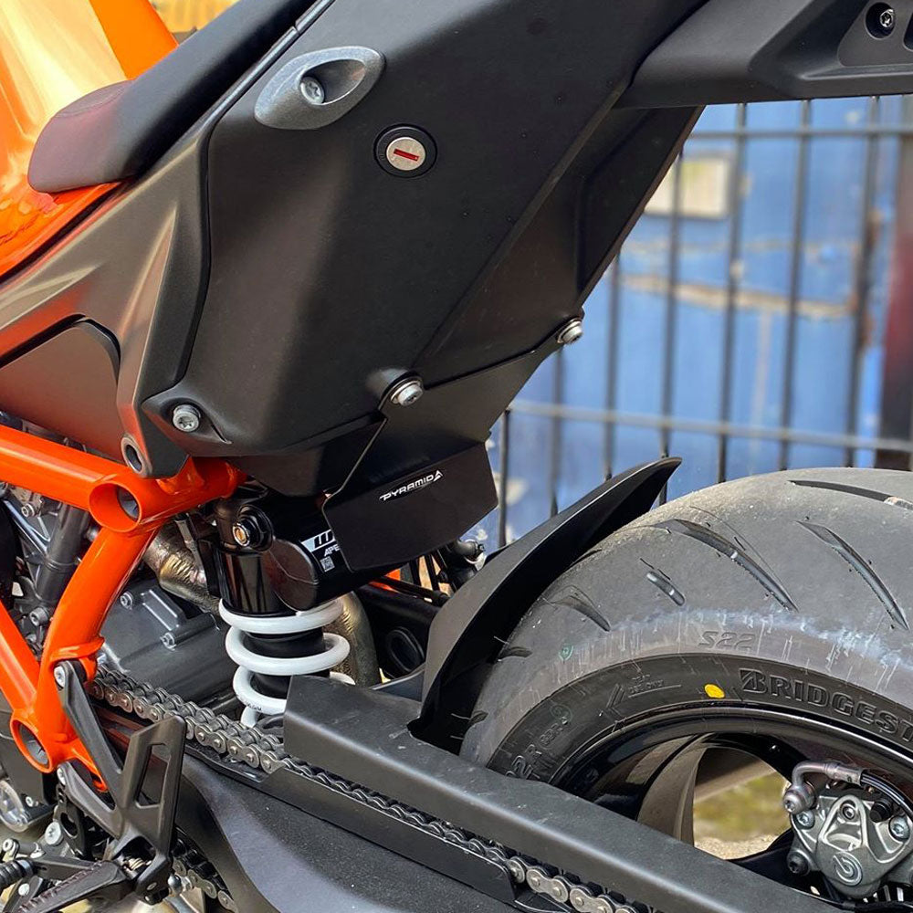 Pyramid Shock Shield | Matte Black | KTM 1290 Super Duke R Evo 2022>Current-Shock Shields-Pyramid Motorcycle Accessories