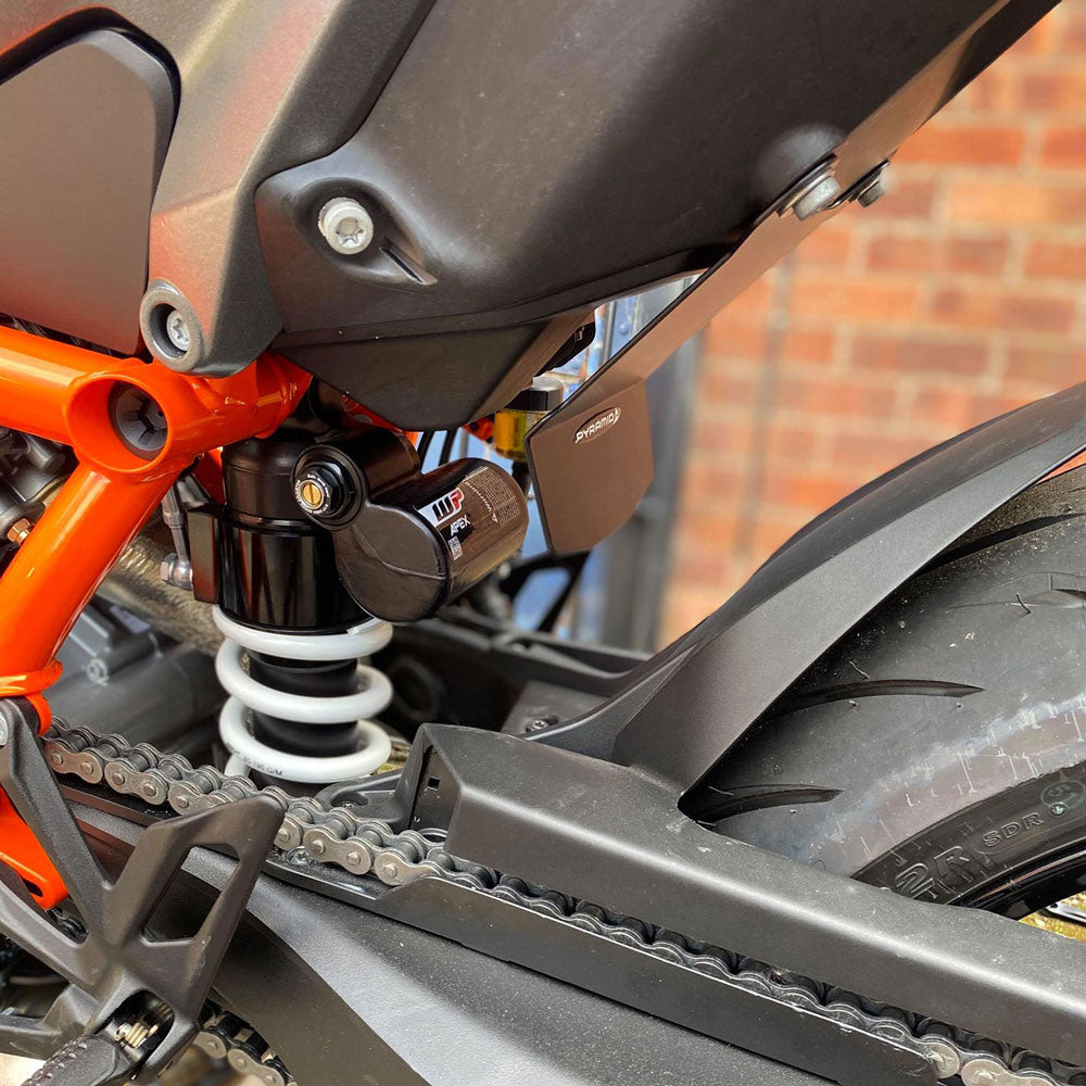 Pyramid Shock Shield | Matte Black | KTM 1290 Super Duke R Evo 2022>Current-Shock Shields-Pyramid Motorcycle Accessories