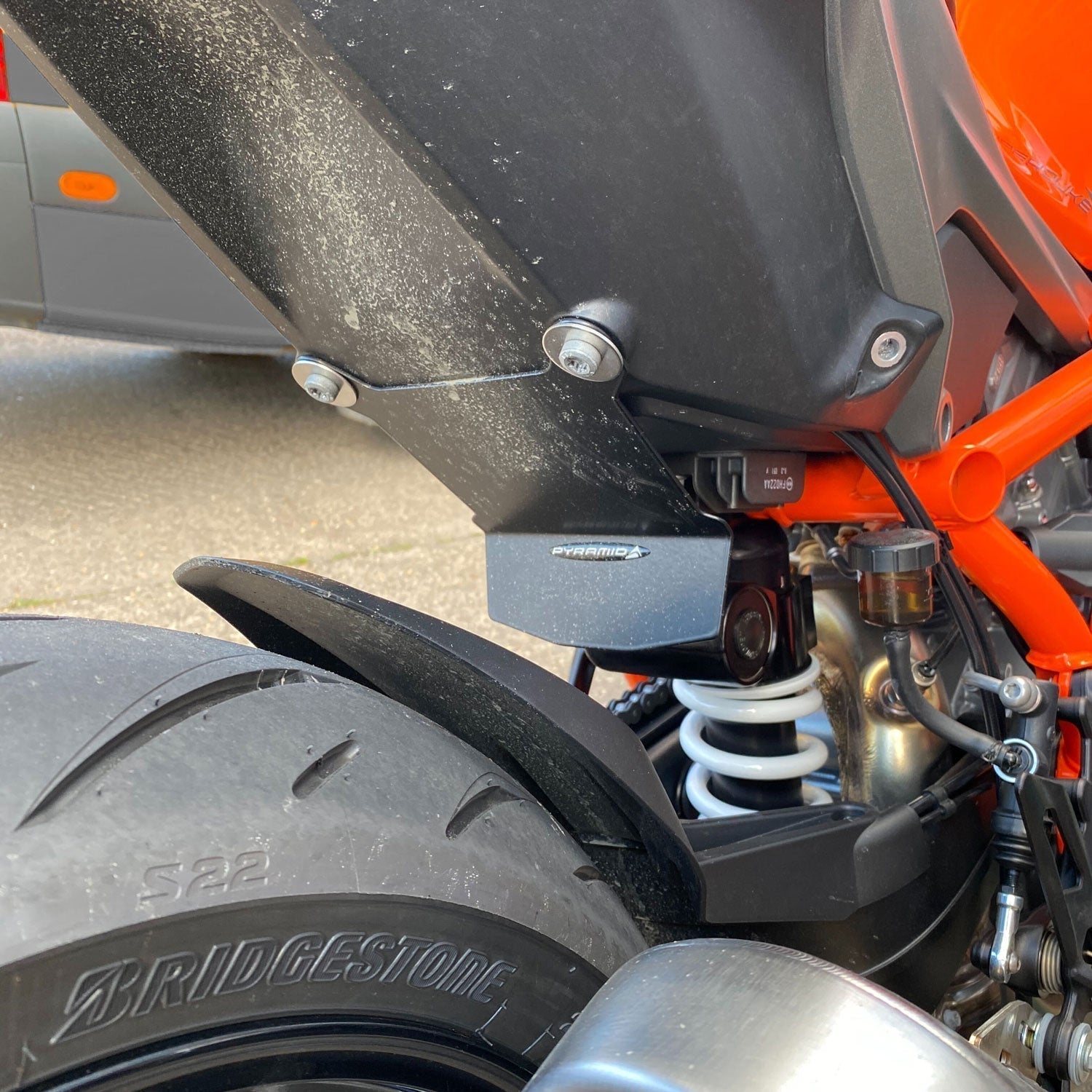 Pyramid Shock Shield | Matte Black | KTM 1290 Super Duke R Evo 2022>Current-Shock Shields-Pyramid Motorcycle Accessories