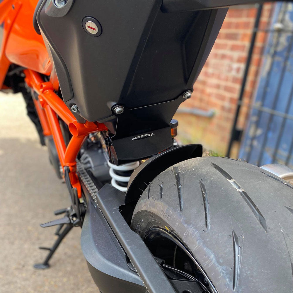 Pyramid Shock Shield | Matte Black | KTM 1290 Super Duke R Evo 2022>Current-Shock Shields-Pyramid Motorcycle Accessories